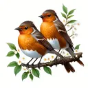 fineline robin birds sat on branches with small leaves and flowers tattoo design idea