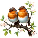 fineline robin birds sat on branches with small leaves and flowers tattoo design idea