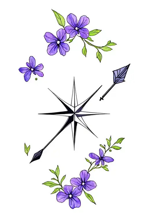 compass with arrow surrounded by violets tattoo design idea