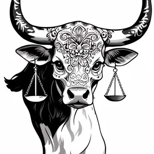 feminine bull with sugar skull markings and 2 Libra scales and shaded background tattoo design idea