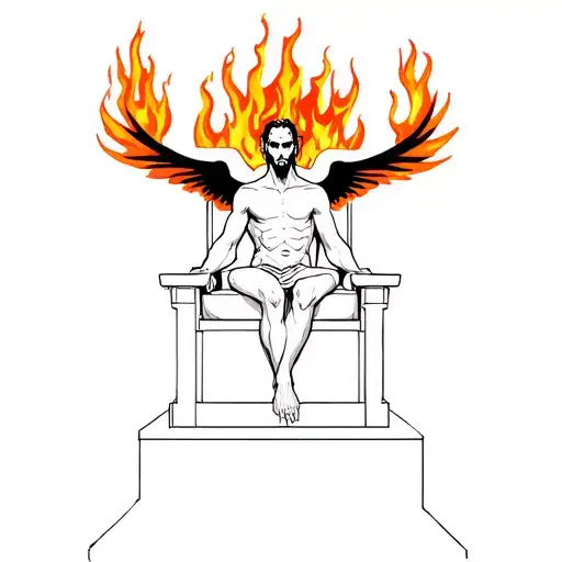 Lucifer sitting on his throne in hell, he has flames around him and he has black angelic wings. He has no facial hair  tattoo design idea