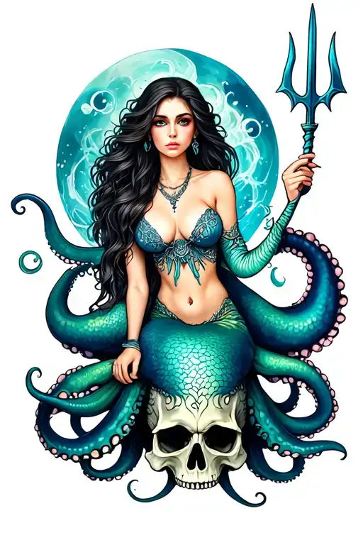 A siren mermaid is sitting on an octopus/skull hybrid and is holding a trident tattoo design idea