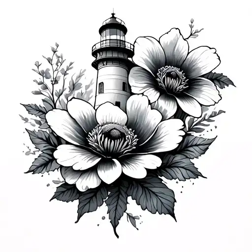 lighthouse with anenome flowers tattoo design idea