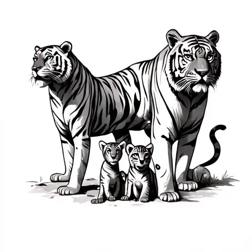 tiger and tigress watching 6 cubs playing tattoo design idea