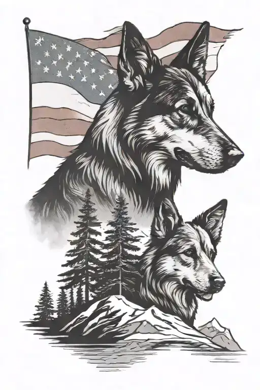 A silhouette german shepherd and border collie standing together on a mountain peak American flag waving say "diabetes" tattoo design idea