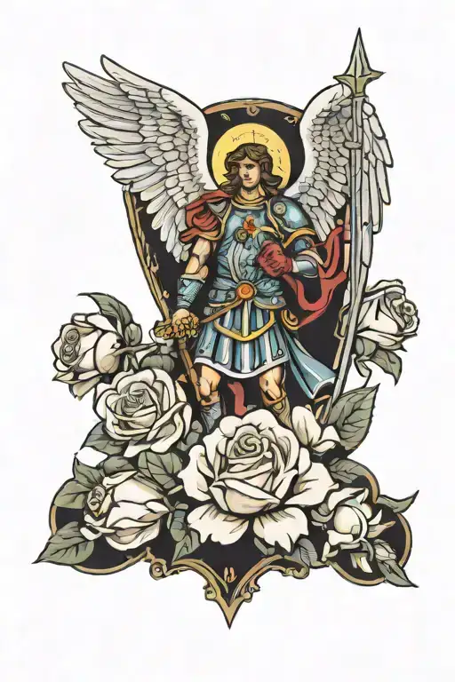 Saint Michael the Archangel with roses and the dates 04/09/1967, 01/28/1969 and 04/07/2024 tattoo design idea