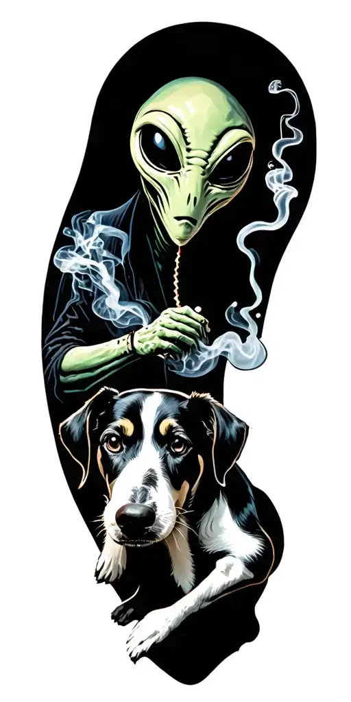 alien and dog smoking tattoo design idea