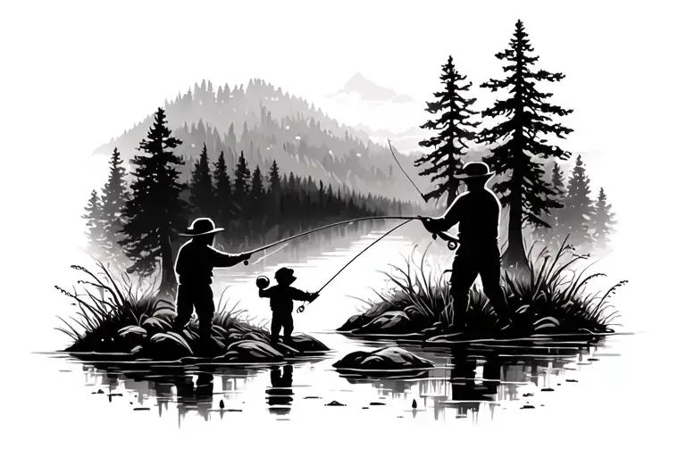 father son fishing in forest scene tattoo design idea