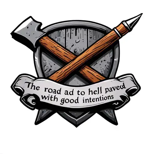 crest with a wood axe and fountain pen crossed and text emblem "the road to hell is paved with good intentions" tattoo design idea