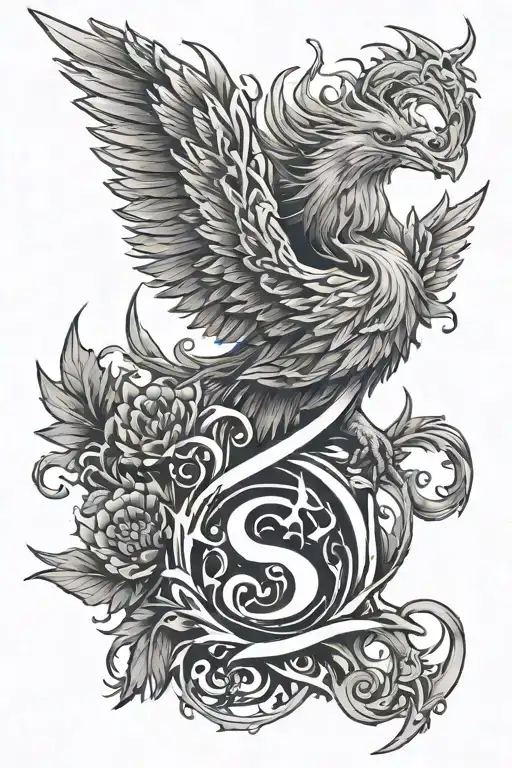 A Shouldertatto with mixed elements of a scottish thistle, a phoenix, fire, the number 21, the letter s, Cyberpunk style tattoo design idea