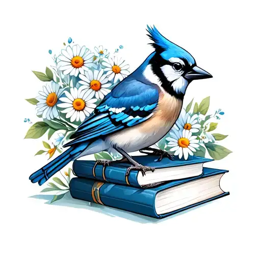 blue jay with daisies and books tattoo design idea