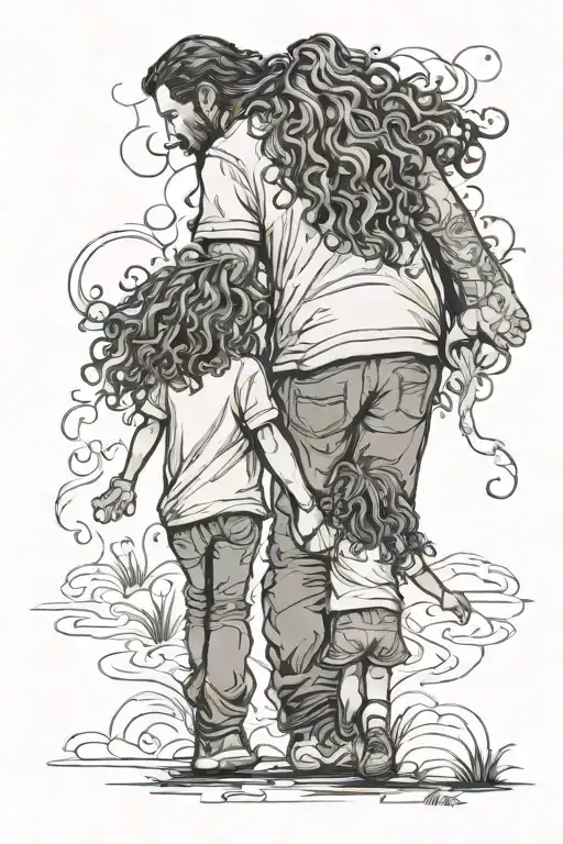 30 year old Father holding hand with 5 year old daughter with long curly hair walking away outline of bodies only tattoo design idea