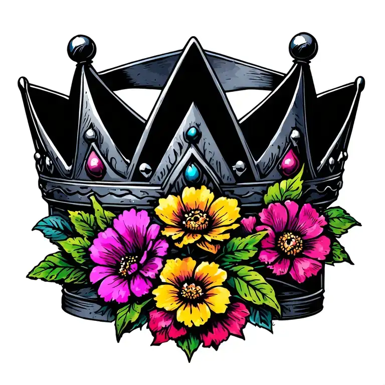 crown, upside down triangle, with colourful flowers, black work, tramp stamp tattoo design idea