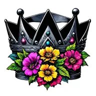 crown, upside down triangle, with colourful flowers, black work, tramp stamp tattoo design idea