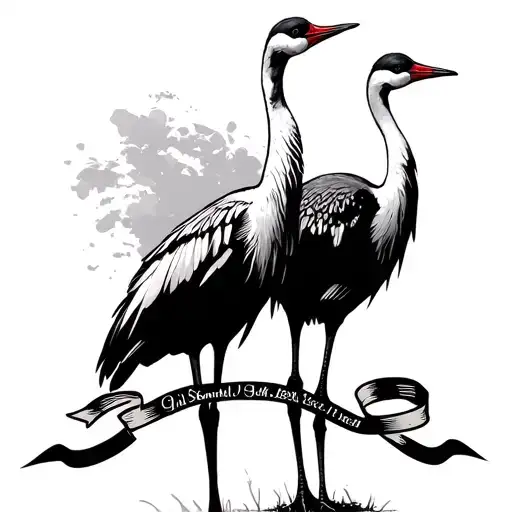 2 sandhill cranes standing with a background and two ribbons running through it tattoo design idea