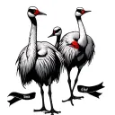 2 sandhill cranes standing with a background and two ribbons running through it tattoo design idea