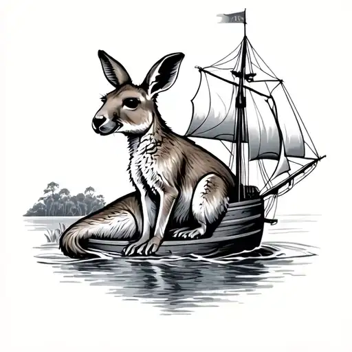 kangaroo with a schooner tattoo design idea