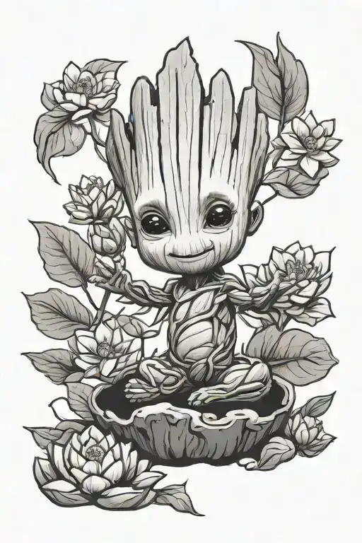happy baby groot with lotus flower hair tattoo design idea