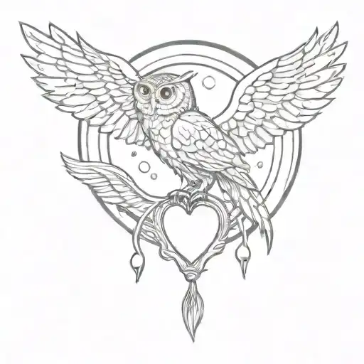 heart on sea foam, ancient Roman coin, owl, cornucopia, wings, peacock feather, bow and arrow behind moon, small torch. tattoo design idea