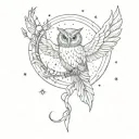 heart on sea foam, ancient Roman coin, owl, cornucopia, wings, peacock feather, bow and arrow behind moon, small torch. tattoo design idea