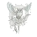 heart on sea foam, ancient Roman coin, owl, cornucopia, wings, peacock feather, bow and arrow behind moon, small torch. tattoo design idea