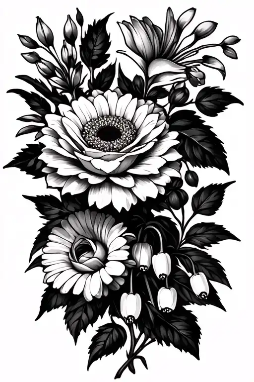 Tattoo made of black lines  using a rose, daisy, lily of the valley and a chrysanthemum in a bunch. Include all these fl tattoo design idea