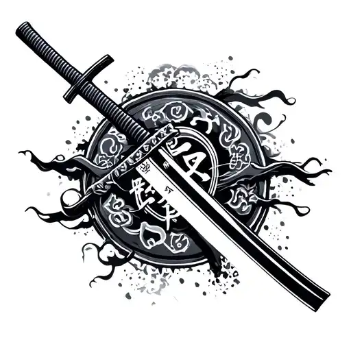 katana with japanese symbols of honored and blessed through the blade tattoo design idea
