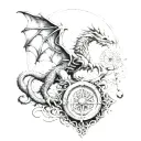 Celtic dragon entangling the tree of life and holding a compass in one hand and broken chains in the other tattoo design idea