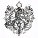 Celtic dragon entangling the tree of life and holding a compass in one hand and broken chains in the other tattoo design idea
