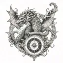 Celtic dragon entangling the tree of life and holding a compass in one hand and broken chains in the other tattoo design idea