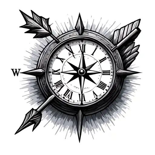 Clock with compass and arrow with sign tattoo design idea