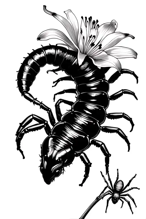Centipede around arm and Spiderlily flower blooming tattoo design idea