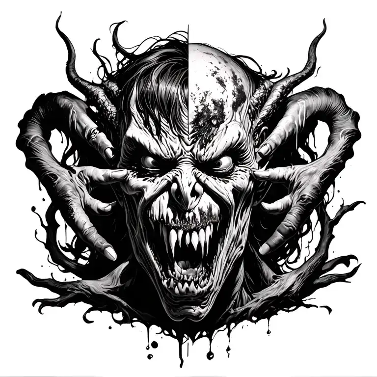 fuckedup. scary. unsettling. unnerving. demon. violent. tearingsomeoneinhalf. B&W tattoo design idea