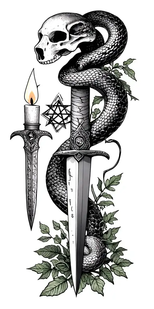 snake, runes, candles, mushrooms, a dagger, some herbs, plants, witchy stuff, animal skull, a pentagram, ivy, animals    tattoo design idea