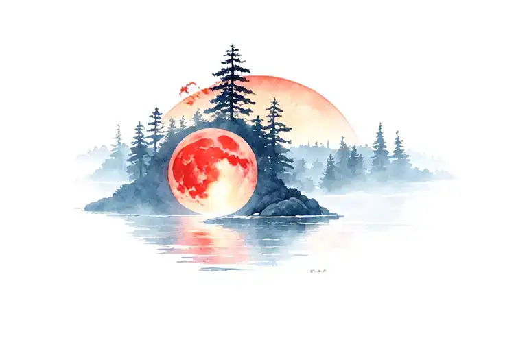 Japanese forest river covered in amaterasu flames on the night of the Sharingan moon tattoo design idea