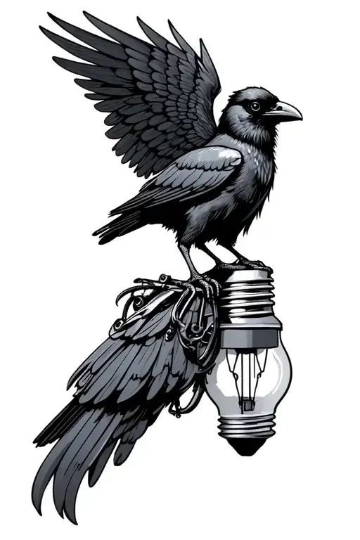 crow with mechanical wing on top of a light bulb tattoo design idea
