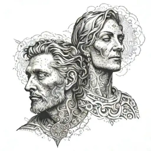 A portrait of a loved one with subtle religious symbols integrated into the background, capturing the essence of family, love, and faith tattoo design idea