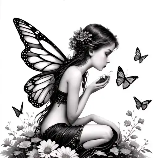 Fairy sitting on flowers looking forward with icy eyes watching butterflies fluttering around her holding one butterfly tattoo design idea
