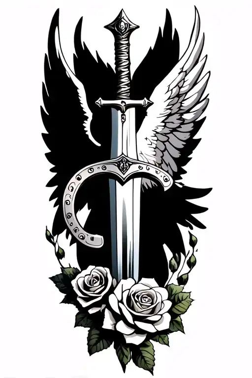 angels wings behind a sword with roses and horseshoe  tattoo design idea
