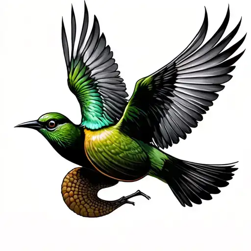 MANUS GREEN SNAIL AND CHAUKA BIRD FLYING OUT tattoo design idea