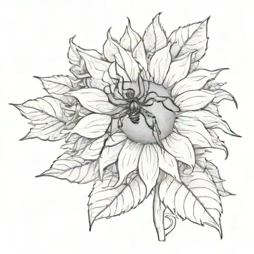 spider on top or in the middle of a sunflower with two leafs poking out the stem please make sure it's beautiful  tattoo design idea
