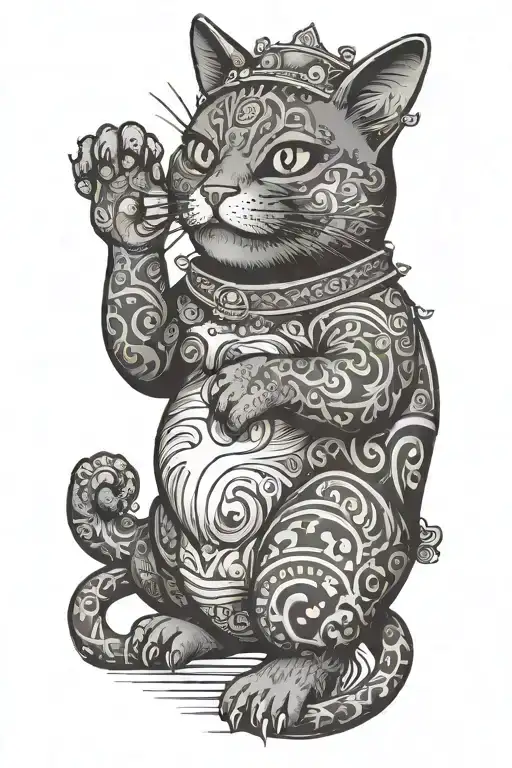 lucky fat cat waving tattoo design idea