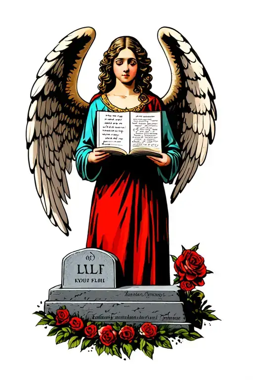angel holding a headstone reading LLF tattoo design idea