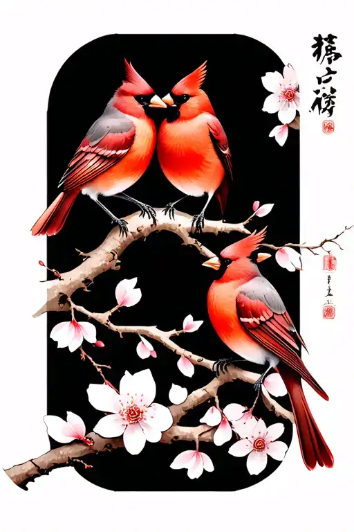 two cardinals perched on a single akebono cherry blossom branch, facing each other in an intimate pose tattoo design idea