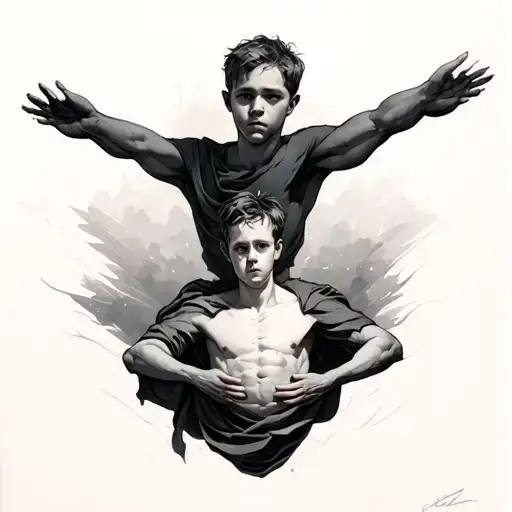 Three layers. Top layer small fetus. second layer boy facing down. last layer man with arms spread out. tattoo design idea