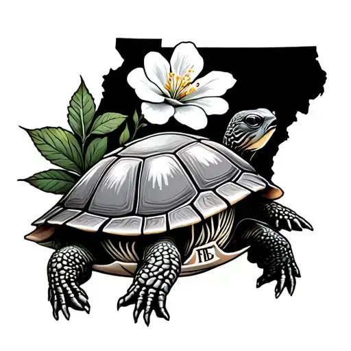 slider turtle with a dogwood blossom behind it, and a SC state outline with FBC in center tattoo design idea