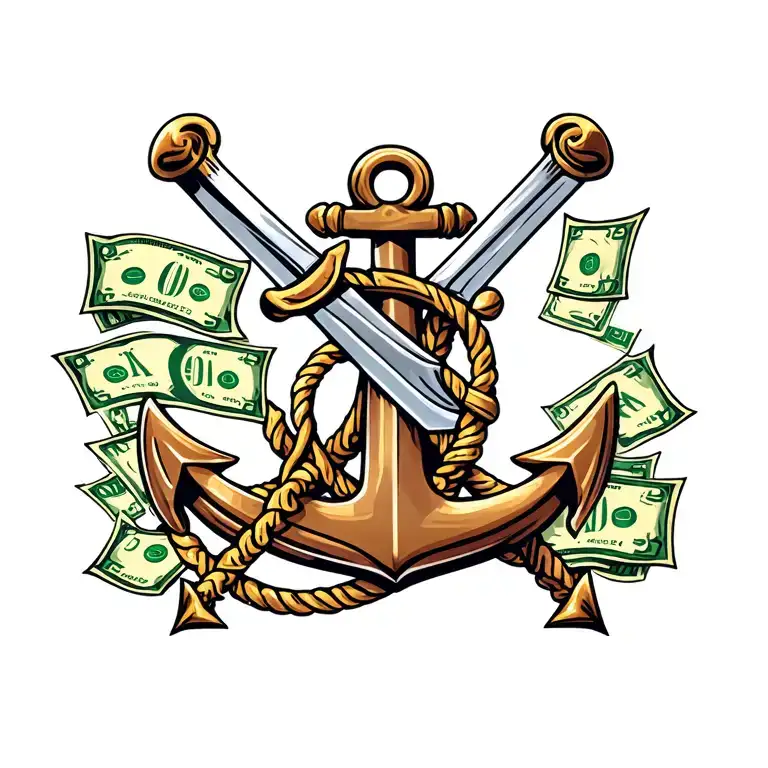sword anchor and money tattoo design idea