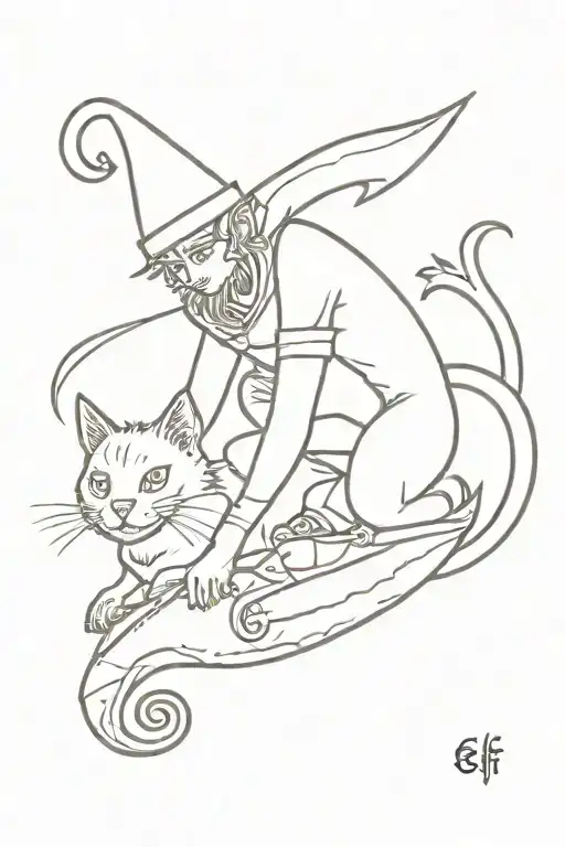 elf riding a cat with tuna in its mouth  tattoo design idea