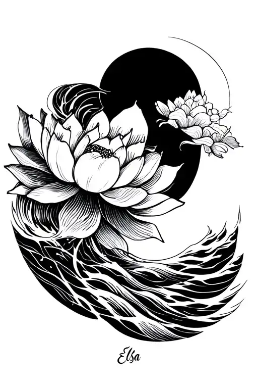 japanese style, sea waves, text Elsa, Lotus flower tattoo design idea