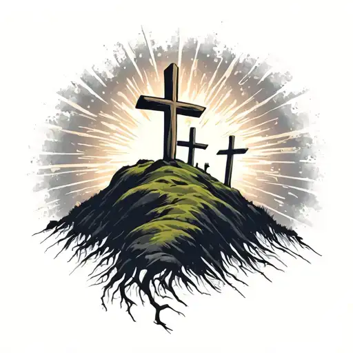 3 crosses on a hill, theme of hope, light shining behind crosses,  tattoo design idea
